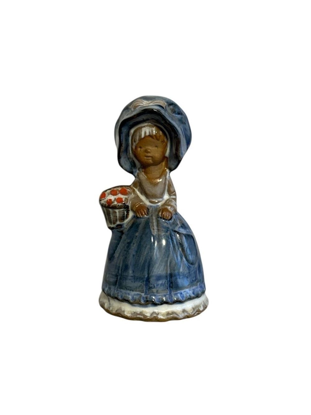 Vintage Mini Pottery Bell Girl with Basket Glazed Blue and Tan 3.5”H